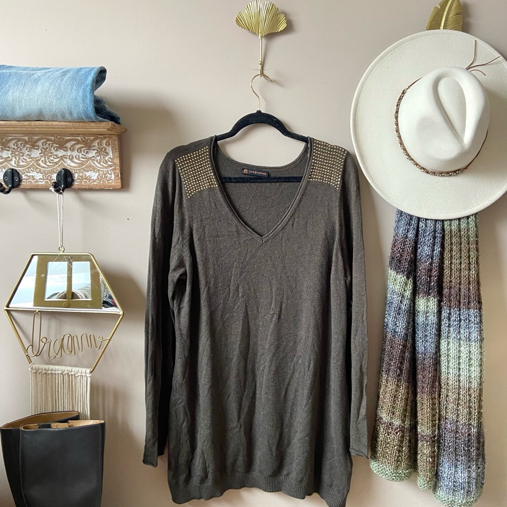 🫒Olive green tunic light knit sweater Xl pit 22”